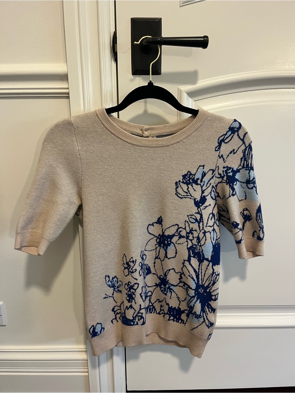 Maeve Beige Knit Sweater with Blue Floral Motif